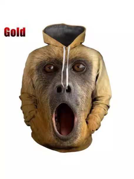 Ανδρικό φούτερ με κουκούλα, 3D ζωικό μοτίβο, ελαφρώς χαλαρή εφαρμογή, ψηφιακή εκτύπωση σε πολυεστέρα (διάθεση φθινόπωρο 2023)