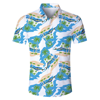 Ανδρικό πουκάμισο με 3D εκτύπωση σε στιλ Χαβάη, κοντό μανίκι, 100% πολυεστέρας, διαπνέον και απομάκρυνση υγρασίας, καθημερινό καλοκαιρινό πουκάμισο