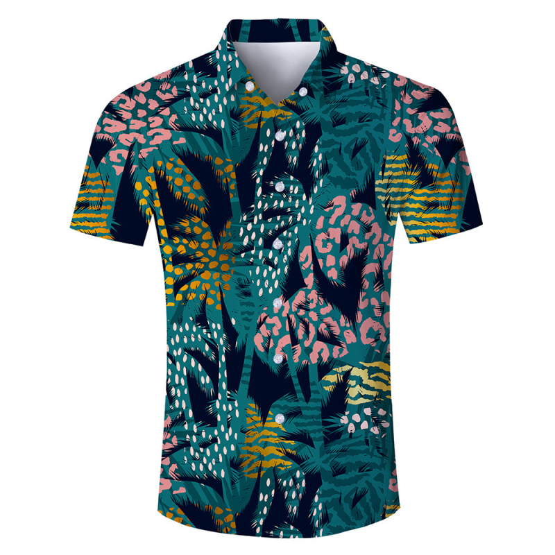 Мъжка риза с 3D принт в Хавайски стил, къс ръкав, 100% полиестер, дишаща и влагоотвеждаща, ежедневна лятна риза