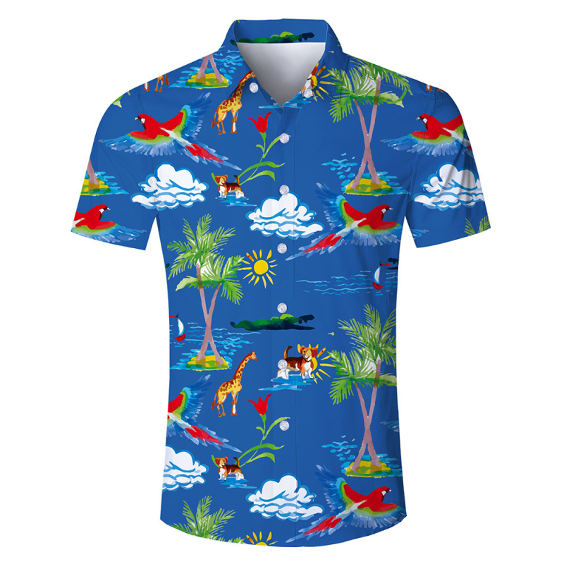 Мъжка риза с 3D принт в Хавайски стил, къс ръкав, 100% полиестер, дишаща и влагоотвеждаща, ежедневна лятна риза