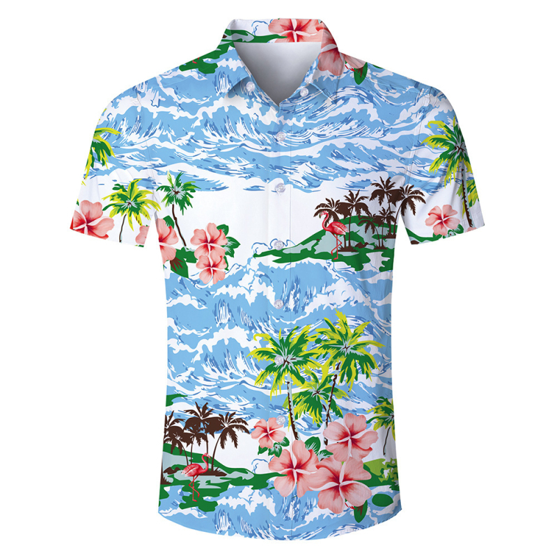 Мъжка риза с 3D принт в Хавайски стил, къс ръкав, 100% полиестер, дишаща и влагоотвеждаща, ежедневна лятна риза