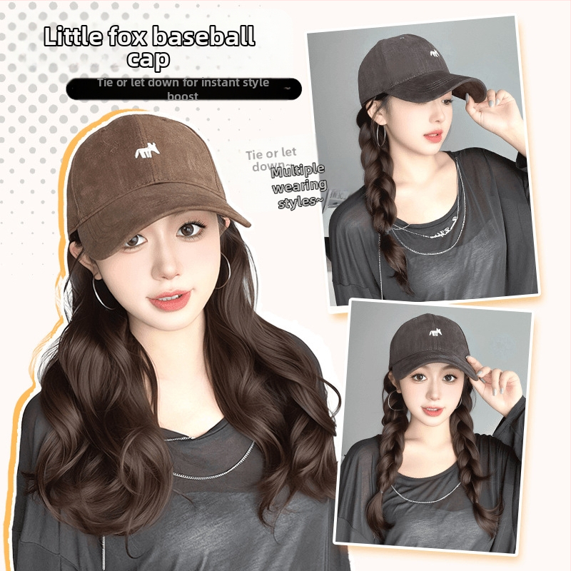 Перука с опашка и шапка с бродирана лисица, едноцял дизайн, ръчно тъкана, термоустойчива синтетика, с големи вълни, не подлежи на боядисване или къдрене, подходяща за всички форми на лице