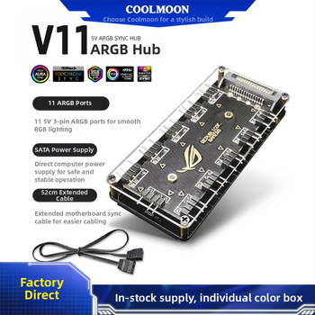 CoolMoon V11 ARGB хъб за дънната платка, 1 към 10 разклонител, 5V 3-пин, независимо захранване, мултиинтерфейсен дизайн