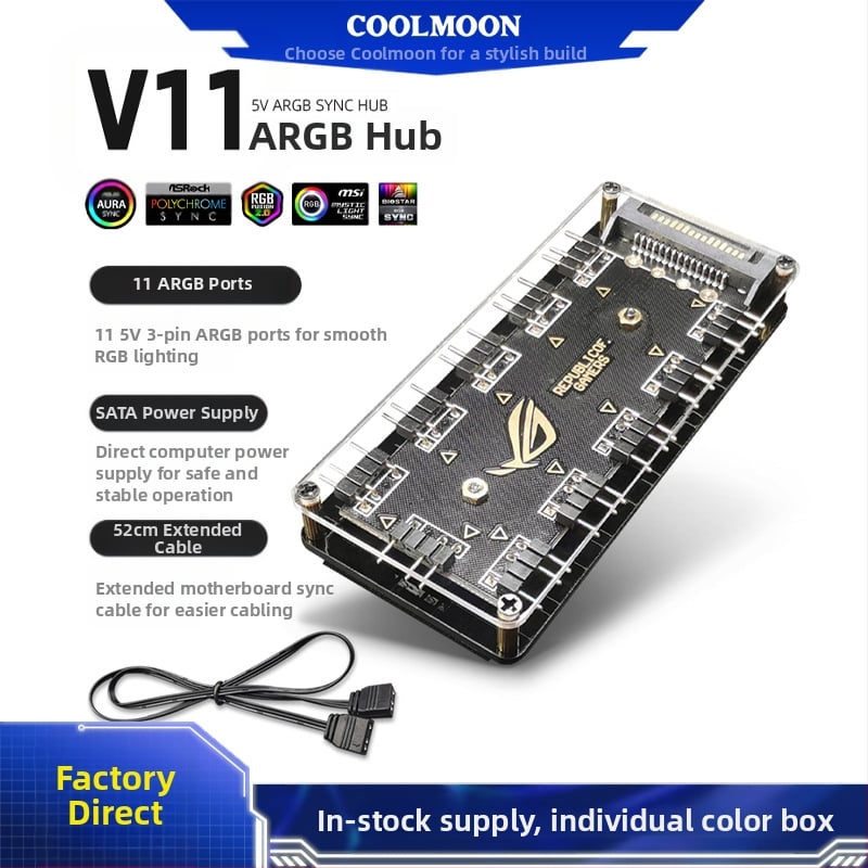 CoolMoon V11 ARGB хъб за дънната платка, 1 към 10 разклонител, 5V 3-пин, независимо захранване, мултиинтерфейсен дизайн