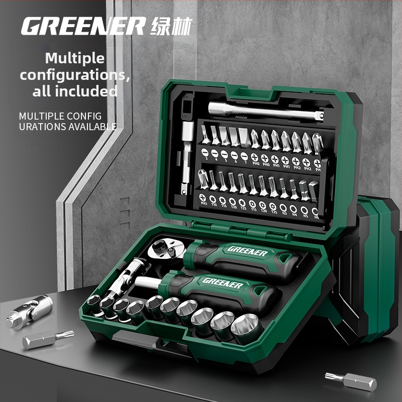 GREENER/Greenforest Мотоциклетен инструментален комплект — сет гнезда, отвертка, малък трещотков ключ, въглеродна стомана