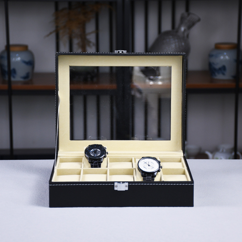 Кутия за часовник HH-S001, PU кожа, 12 отделения, прозрачен дисплей, опаковка за подаръци и бижута