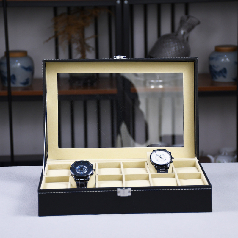 Кутия за часовник HH-S001, PU кожа, 12 отделения, прозрачен дисплей, опаковка за подаръци и бижута