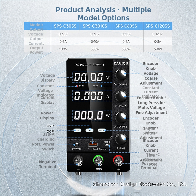 KUAIQU Регулируемо DC захранване, 30–60V, защита OCP и OVP, превключващо захранване