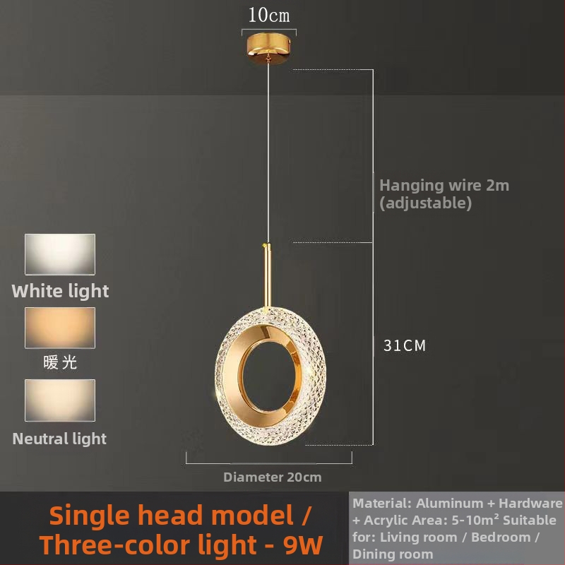 LED viseći luster za spavaću sobu, aluminijsko tijelo, akrilno sjenilo, podesiva visina, luster s jednom glavom, moderan minimalistički stil