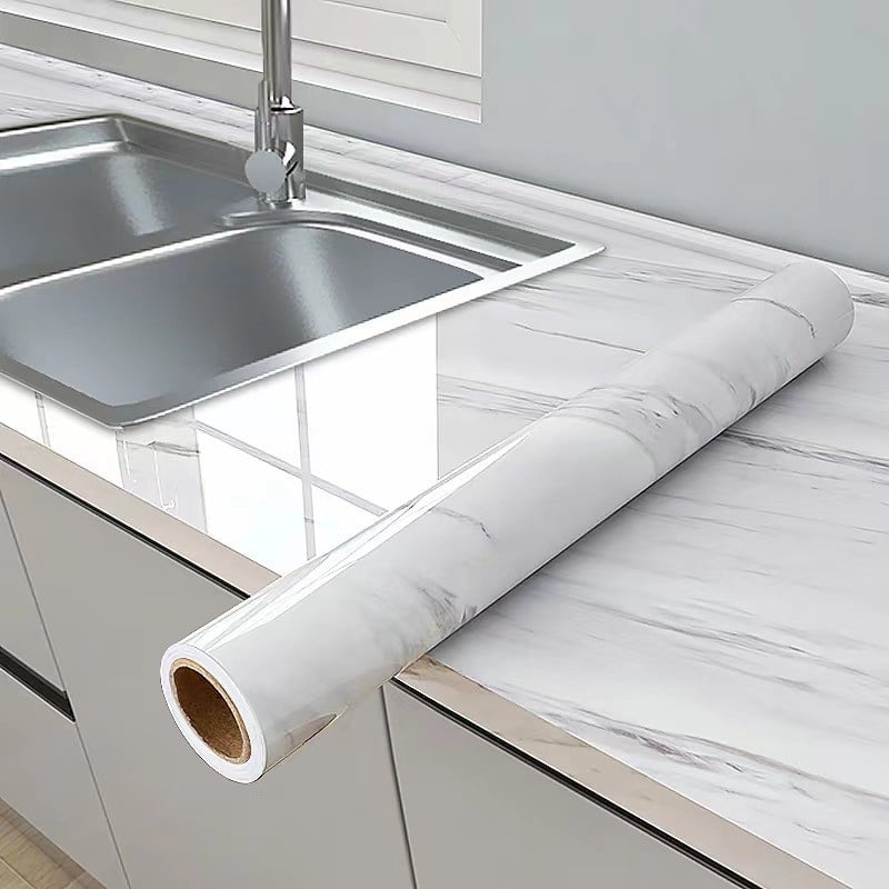 Zidna naljepnica za kuhinju — mramorni dizajn s aluminijskom folijom, PET, vodootporna, otporna na masnoće, anti-plijesan, 1 komad, moderan ravni dizajn