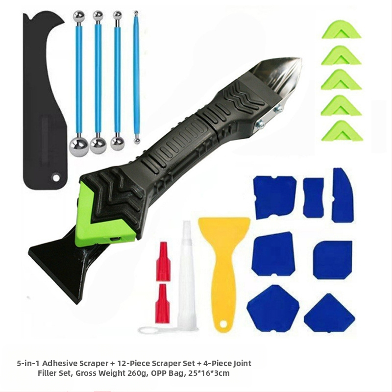 Комплект за уплътняване на фуги: премахвач на уплътнител, скребка за силикон за стъкло и комплект за шпакловане (материал: неръждаема стомана + пластмаса; област на приложение: домашно декориране и красота)