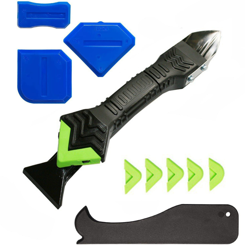 Комплект за уплътняване на фуги: премахвач на уплътнител, скребка за силикон за стъкло и комплект за шпакловане (материал: неръждаема стомана + пластмаса; област на приложение: домашно декориране и красота)