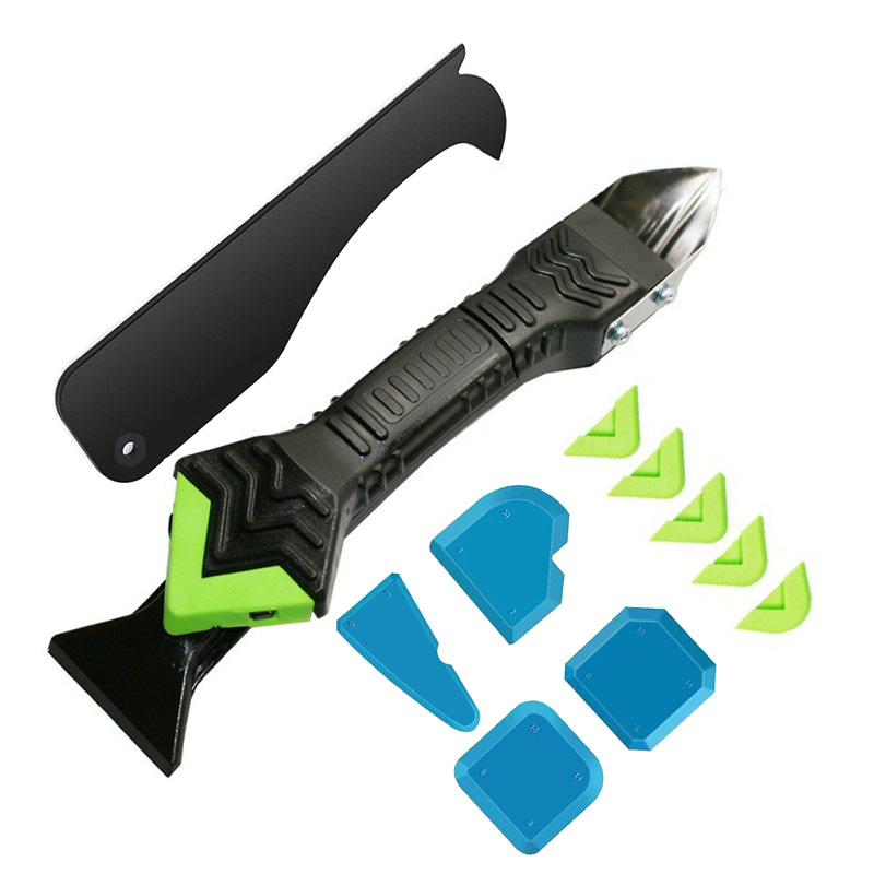 Комплект за уплътняване на фуги: премахвач на уплътнител, скребка за силикон за стъкло и комплект за шпакловане (материал: неръждаема стомана + пластмаса; област на приложение: домашно декориране и красота)