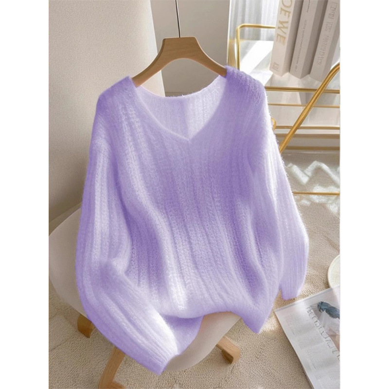 Pulover tricotat cu decolteu în V, croială lejeră, mâneci lungi, culoare solidă, din fibră acrilică