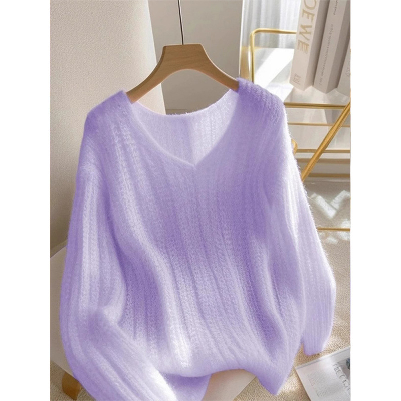 Pulover tricotat cu decolteu în V, croială lejeră, mâneci lungi, culoare solidă, din fibră acrilică