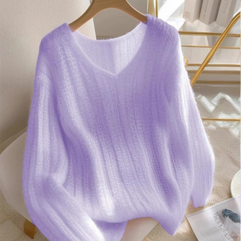 Pulover tricotat cu decolteu în V, croială lejeră, mâneci lungi, culoare solidă, din fibră acrilică