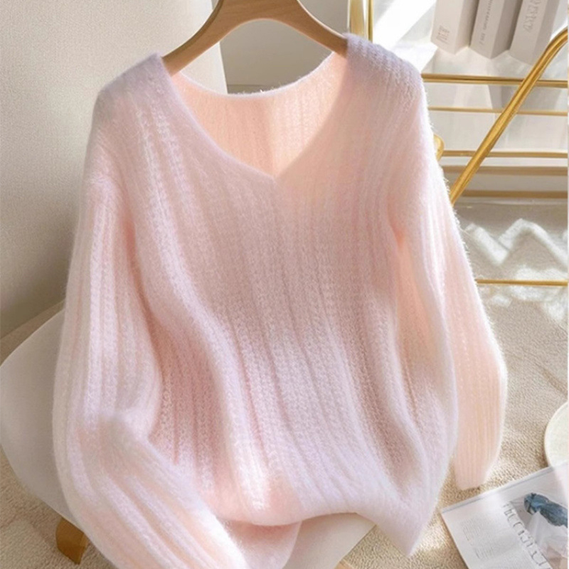 Pulover tricotat cu decolteu în V, croială lejeră, mâneci lungi, culoare solidă, din fibră acrilică