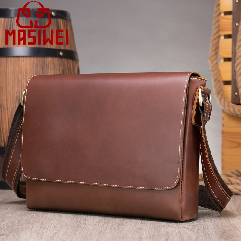 MASIWEI Мъжка чанта за през рамо от естествена кожа, серия Crazy Horse Leather Crossbody, кожа от първи слой, износоустойчива