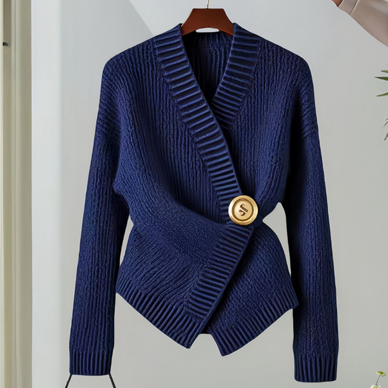 Cardigan s V izrezom, naglašeni struk, nepravilna metalna kopča, pleteni poliester