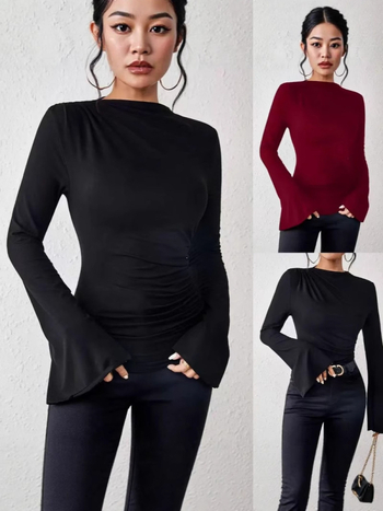 Μπλούζα T με μακριά μανίκια, διακοσμητικές πιέτες, μείγμα πολυεστέρα-ελαστάν, χαλαρή γραμμή, ψηλός γιακά