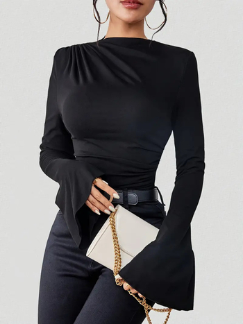 Μπλούζα T με μακριά μανίκια, διακοσμητικές πιέτες, μείγμα πολυεστέρα-ελαστάν, χαλαρή γραμμή, ψηλός γιακά