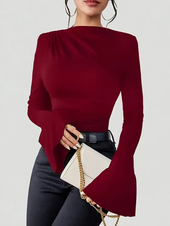 Μπλούζα T με μακριά μανίκια, διακοσμητικές πιέτες, μείγμα πολυεστέρα-ελαστάν, χαλαρή γραμμή, ψηλός γιακά