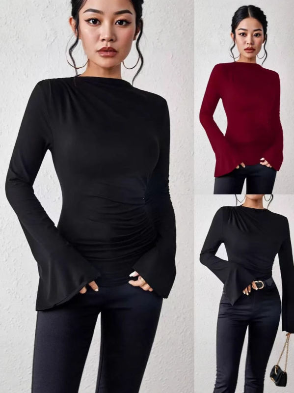 Μπλούζα T με μακριά μανίκια, διακοσμητικές πιέτες, μείγμα πολυεστέρα-ελαστάν, χαλαρή γραμμή, ψηλός γιακά