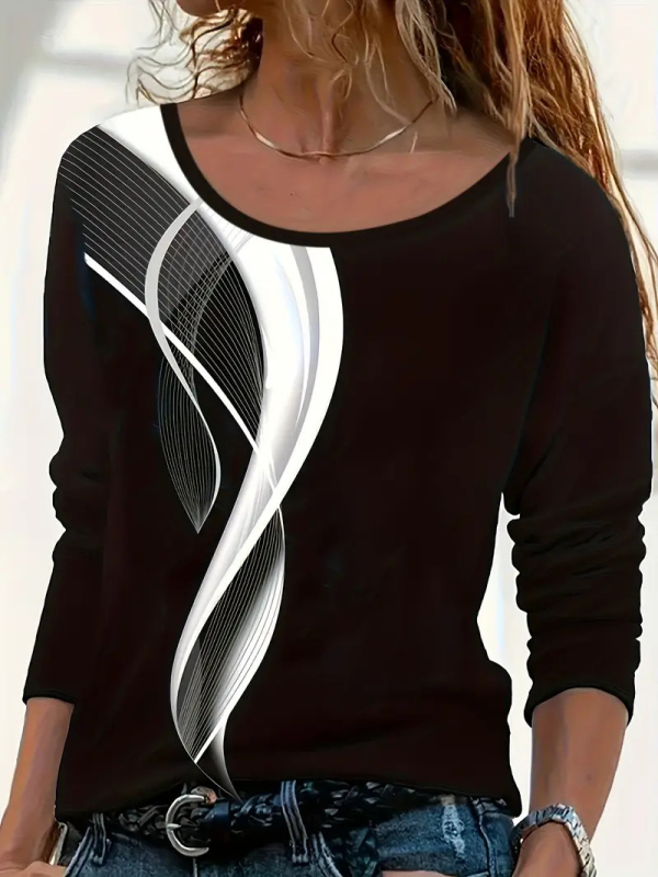 Μακρυμάνικος πολυεστερικός T‑shirt με στρογγυλή λαιμόκοψη, κανονική γραμμή, 3D μοτίβο