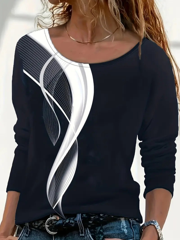 Μακρυμάνικος πολυεστερικός T‑shirt με στρογγυλή λαιμόκοψη, κανονική γραμμή, 3D μοτίβο