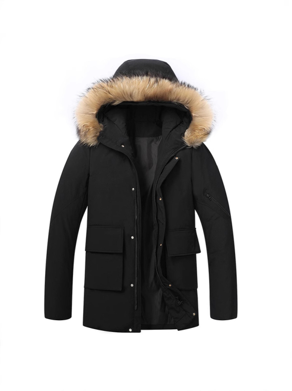 Téli férfi pamut-párnázott kabát közép hosszú, kapucnis, cipzáras, kopásálló
