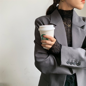 Δαντελένια Βασική Μπλούζα με Υψηλό Λαιμό, Μακριά Μανίκια, Μονόχρωμη, Μείγμα Βαμβάκι-Σπαντέξ-Πολυεστέρα