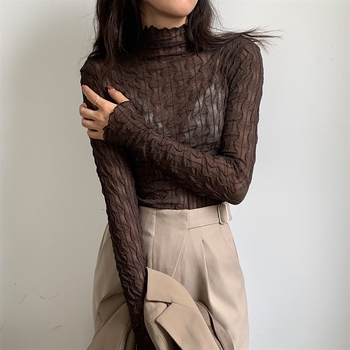 Δαντελένια Βασική Μπλούζα με Υψηλό Λαιμό, Μακριά Μανίκια, Μονόχρωμη, Μείγμα Βαμβάκι-Σπαντέξ-Πολυεστέρα