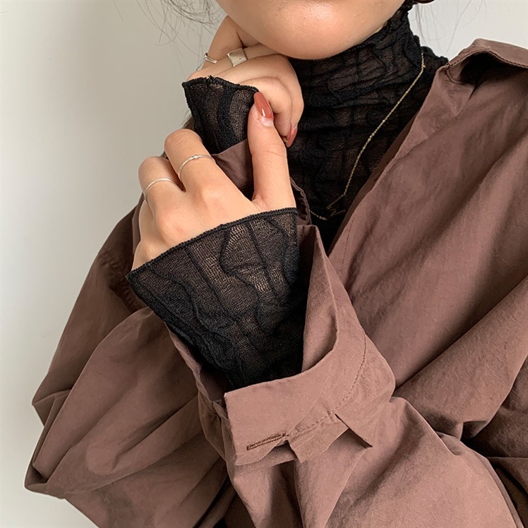 Δαντελένια Βασική Μπλούζα με Υψηλό Λαιμό, Μακριά Μανίκια, Μονόχρωμη, Μείγμα Βαμβάκι-Σπαντέξ-Πολυεστέρα