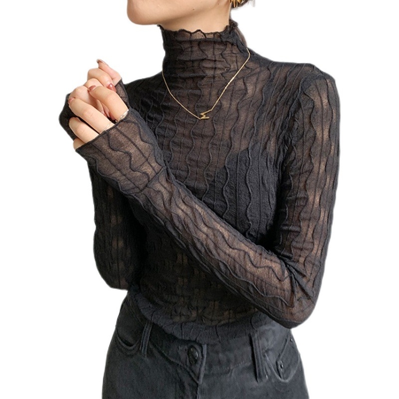 Δαντελένια Βασική Μπλούζα με Υψηλό Λαιμό, Μακριά Μανίκια, Μονόχρωμη, Μείγμα Βαμβάκι-Σπαντέξ-Πολυεστέρα