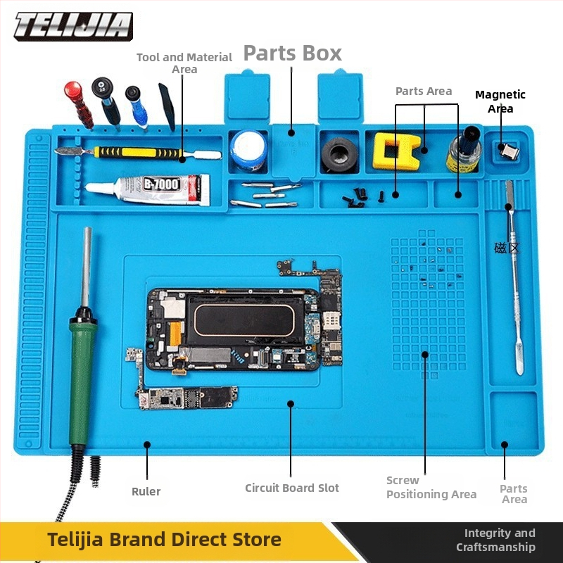 Telijia Магнитна силиконова ремонтна подложка за електроника — поддръжка на IC на дънна платка, организация на инструменти и малки винтове, мат за спояване и горещ въздух