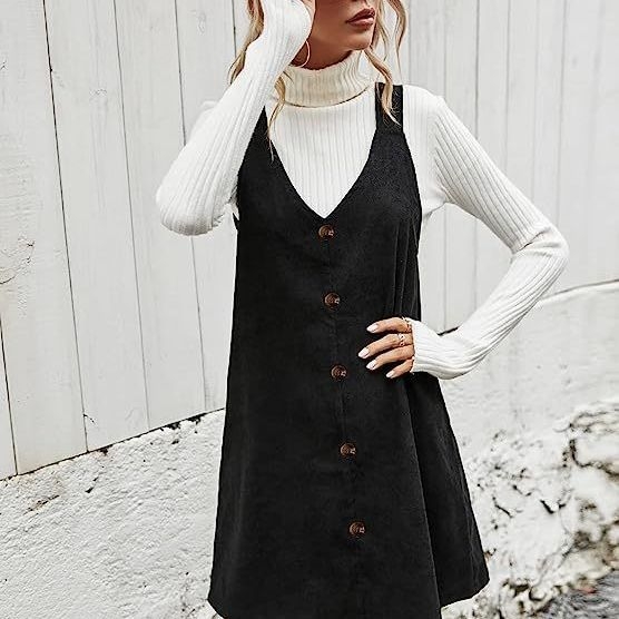 Haljina od korduroja s trakama, V-dekolte, bez rukava, A-linija, slobodan struk