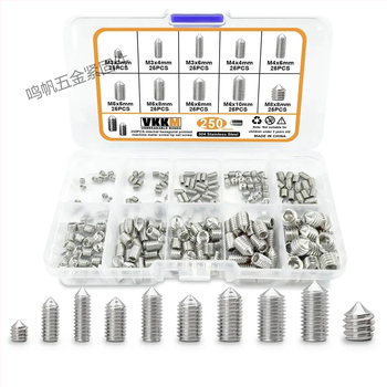 Комплект безглавни машинни винтове в кутия: винтове с вътрешен шестограмен профил, винтове с изпъкнал край и гайки; материал 304 неръждаема стомана / въглеродна стомана, клас 4.8, GB стандарт