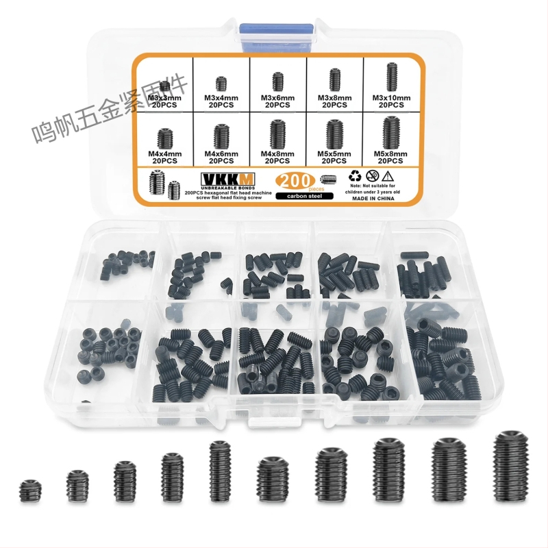 Комплект безглавни машинни винтове в кутия: винтове с вътрешен шестограмен профил, винтове с изпъкнал край и гайки; материал 304 неръждаема стомана / въглеродна стомана, клас 4.8, GB стандарт