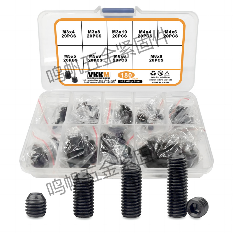 Комплект безглавни машинни винтове в кутия: винтове с вътрешен шестограмен профил, винтове с изпъкнал край и гайки; материал 304 неръждаема стомана / въглеродна стомана, клас 4.8, GB стандарт