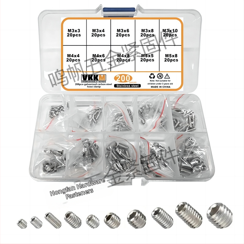 Комплект безглавни машинни винтове в кутия: винтове с вътрешен шестограмен профил, винтове с изпъкнал край и гайки; материал 304 неръждаема стомана / въглеродна стомана, клас 4.8, GB стандарт