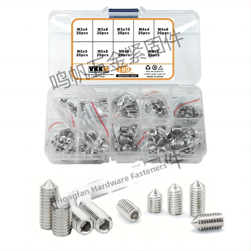 Комплект безглавни машинни винтове в кутия: винтове с вътрешен шестограмен профил, винтове с изпъкнал край и гайки; материал 304 неръждаема стомана / въглеродна стомана, клас 4.8, GB стандарт