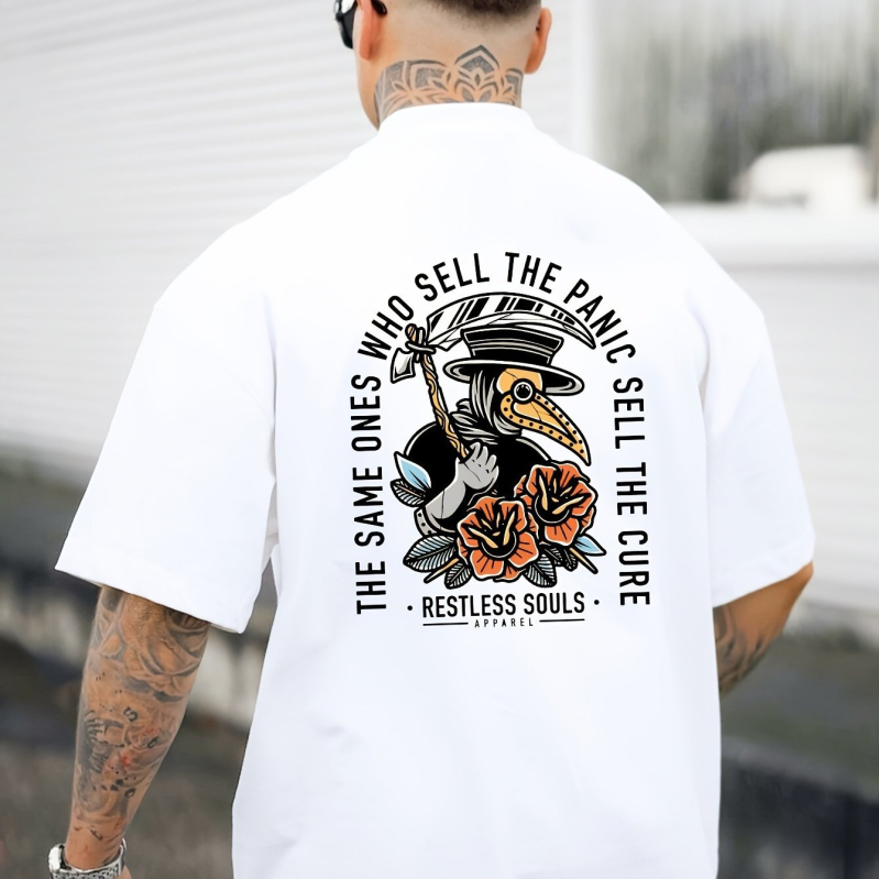 Ανδρική κοντιμανική μπλούζα από 100% βαμβάκι, στρογγυλή λαιμόκοψη, χαλαρή εφαρμογή, κοντά μανίκια, εκτύπωση θερμικής μεταφοράς