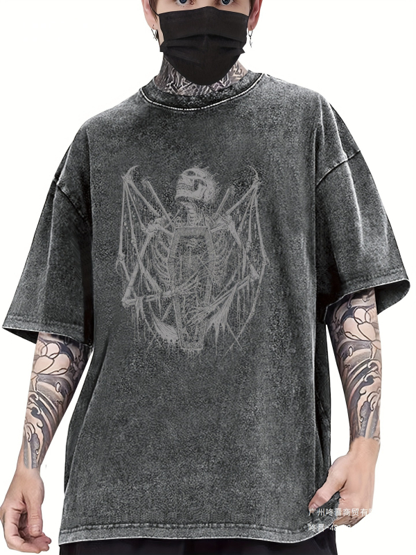 Βαμβακερό T‑shirt με εκτύπωση γραμμάτων, vintage distressed εφέ, στρογγυλός λαιμός, κοντά μανίκια