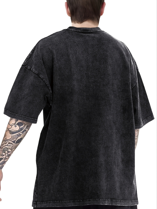 Βαμβακερό T‑shirt με εκτύπωση γραμμάτων, vintage distressed εφέ, στρογγυλός λαιμός, κοντά μανίκια