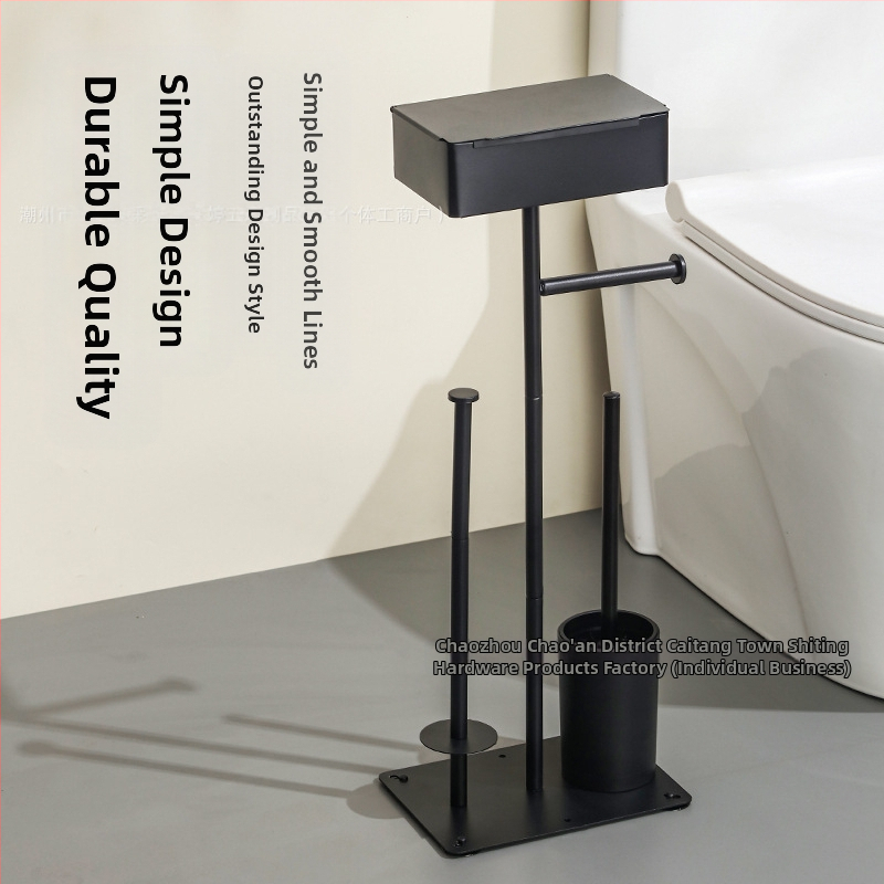 Вертикален подов държач за ролки тоалетна хартия със държач за мобилен телефон; въглеродна стомана; подходящ за ролки хартия; мултифункционален домашен органайзер за баня