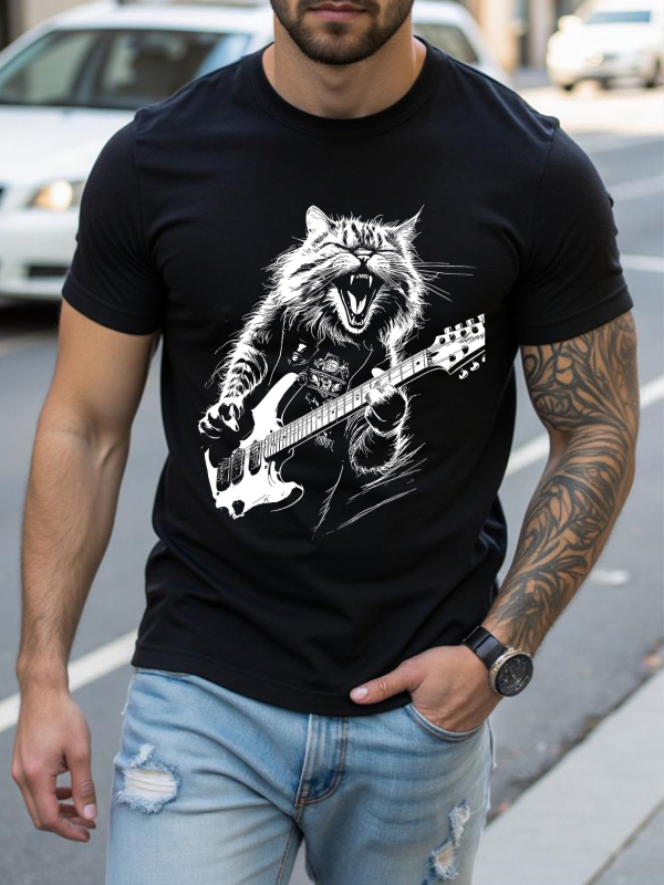 T-krekls ar muzikālās kaķa ģitāras apdruku, apaļa kakla izgriezums, īsi piedurknes, materiāls milk silk ar poliesteru (96%+), 180 g, viegls ikdienas stilā