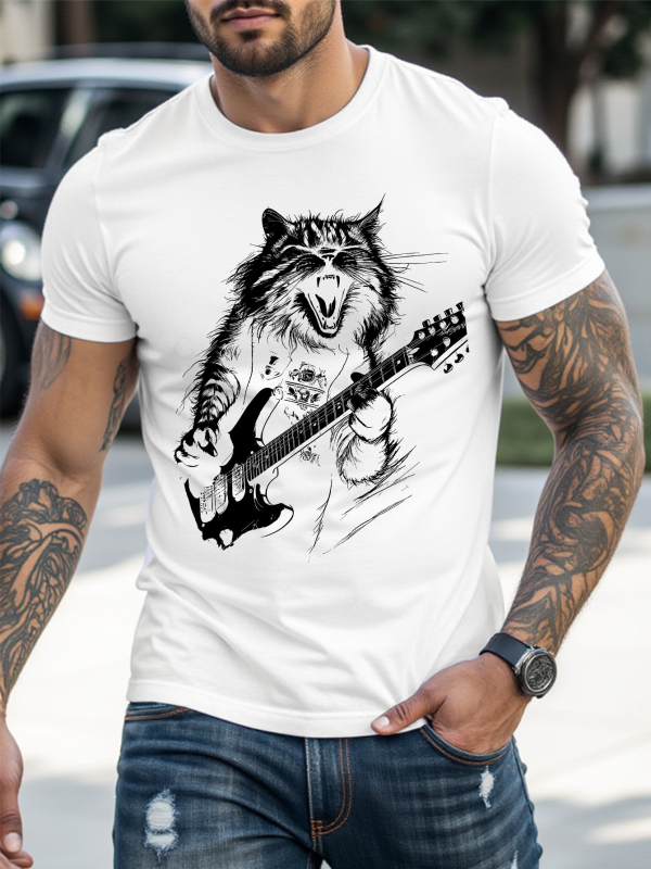 T-krekls ar muzikālās kaķa ģitāras apdruku, apaļa kakla izgriezums, īsi piedurknes, materiāls milk silk ar poliesteru (96%+), 180 g, viegls ikdienas stilā