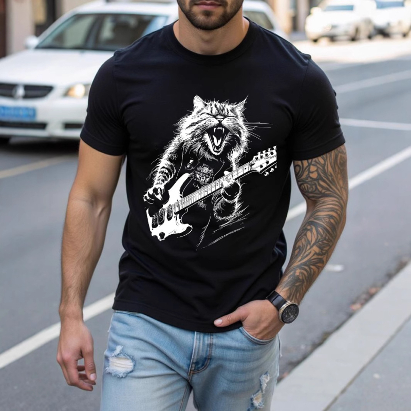 T-krekls ar muzikālās kaķa ģitāras apdruku, apaļa kakla izgriezums, īsi piedurknes, materiāls milk silk ar poliesteru (96%+), 180 g, viegls ikdienas stilā