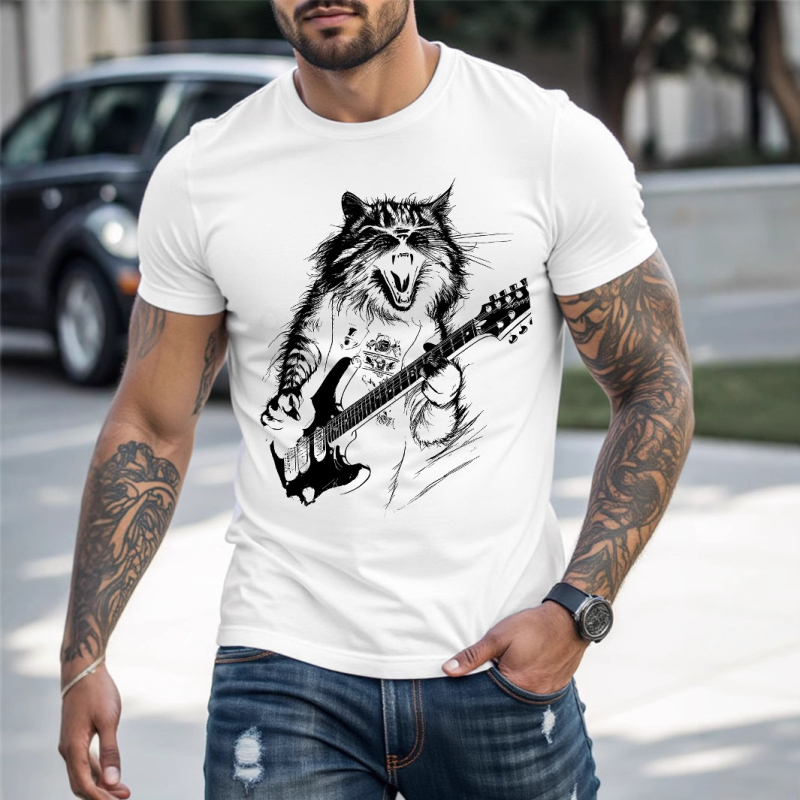 T-krekls ar muzikālās kaķa ģitāras apdruku, apaļa kakla izgriezums, īsi piedurknes, materiāls milk silk ar poliesteru (96%+), 180 g, viegls ikdienas stilā