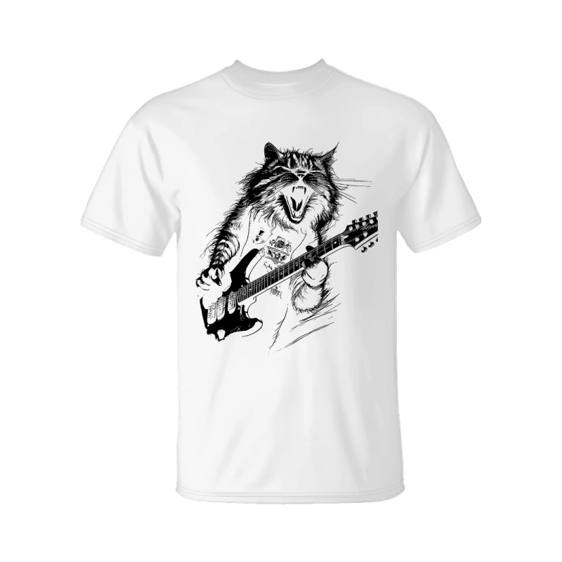 T-krekls ar muzikālās kaķa ģitāras apdruku, apaļa kakla izgriezums, īsi piedurknes, materiāls milk silk ar poliesteru (96%+), 180 g, viegls ikdienas stilā
